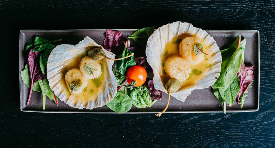 Jakobsmuscheln in Muschelschalen mit Salat, von oben fotografiert